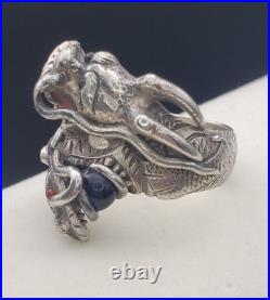 Antique Two Head Dragon with Horns Silver Ring Very Heavy Size 8.5