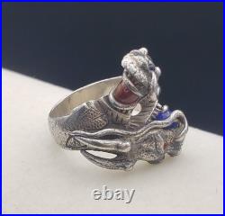 Antique Two Head Dragon with Horns Silver Ring Very Heavy Size 8.5