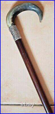 Antique Victorian Acanthus Silver Collar Horn Handle Walking Stick Cane 37