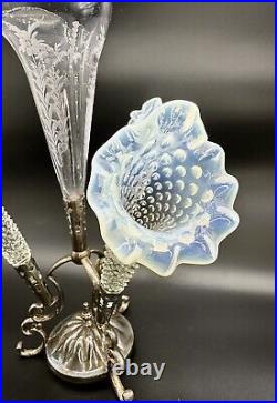 Antique Victorian Glass Epergne Silver Base With Hobnail Opalescent Horns