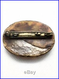 Antique Victorian Pressed Horn Brooch With Decorative Inlay Gold, Silver, MOP