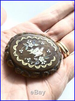 Antique Victorian Pressed Horn Brooch With Decorative Inlay Gold, Silver, MOP