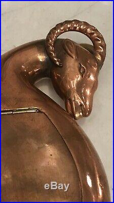 Antique Victorian Rare Silver Copper Table Snuff Box With Stag Goat Horne Head