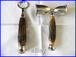 Antique Victorian STERLING SILVER MEASURING SHOTS with HORN HANDLE & SILVER TRIM