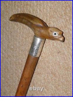 Antique Walking Stick Bovine Horn Bird Handle & Hallmarked 1929 Silver Collar