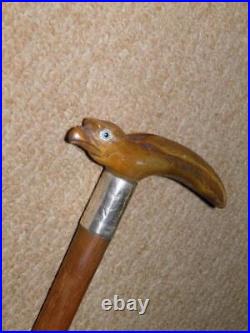 Antique Walking Stick Bovine Horn Bird Handle & Hallmarked 1929 Silver Collar