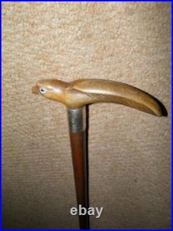 Antique Walking Stick Bovine Horn Bird Handle & Hallmarked 1929 Silver Collar