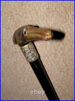 Antique Walking Stick Bovine Horn Greyhound Handle & Repousse Silver Collar