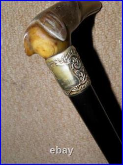 Antique Walking Stick Bovine Horn Greyhound Handle & Repousse Silver Collar