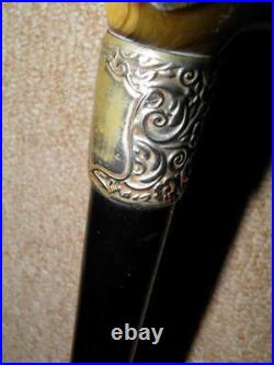 Antique Walking Stick Bovine Horn Greyhound Handle & Repousse Silver Collar