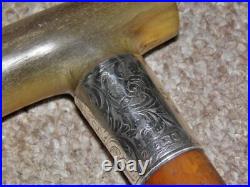 Antique Walking Stick Bovine Horn & Hallmarked Silver 1913 Collar By J. Howell