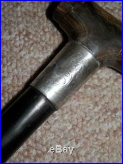 Antique Walking Stick Bovine Horn Handle With H/m Silver Collar B'ham 1906