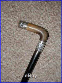 Antique Walking Stick Bovine Horn Handle With Silver Collar & Crown H/m 1898