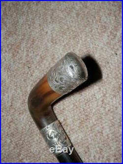 Antique Walking Stick Bovine Horn Handle With Silver Collar & Crown H/m 1898