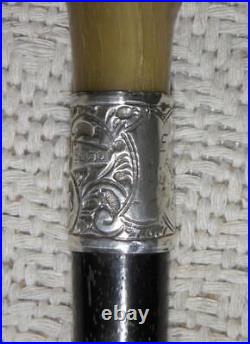 Antique Walking Stick / Cane Bovine Horn Crook & Hallmarked 1910 Silver London