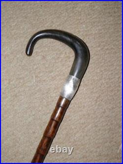 Antique Walking Stick/Cane Bovine Horn Crook & Sterling Silver Collar 90.5cm