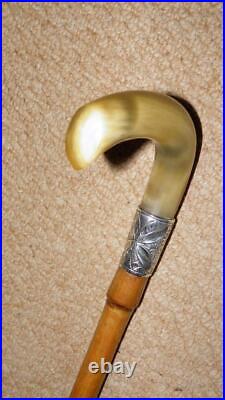 Antique Walking Stick / Cane Bovine Horn Handle Hallmarked Floral Silver Collar