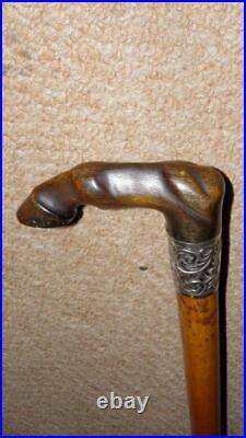 Antique Walking Stick / Cane Bovine Horn Horse Leg / Hoof & Silver Collar
