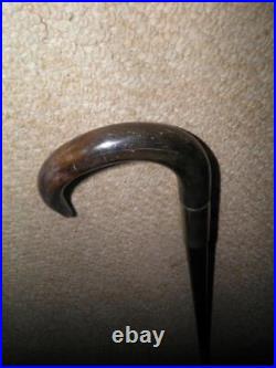 Antique Walking Stick/Cane With Bovine Horn Crook Handle & Silver Collar 85cm