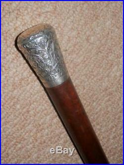 Antique Walking Stick With Repousse Silver Top & Bovine Horn Ferrule 87cm