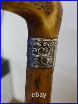 Antique Wooden Walking Stick Cane With Carved Antler Horn Handle And Silver Band