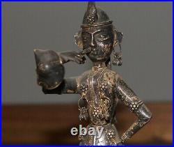 Antique hand made silver plated figurine Asian woman with folk costume and horn