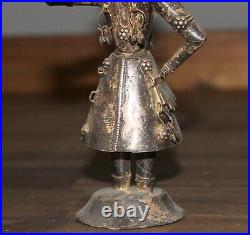 Antique hand made silver plated figurine Asian woman with folk costume and horn