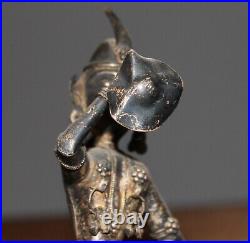 Antique hand made silver plated figurine Asian woman with folk costume and horn