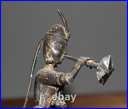 Antique hand made silver plated figurine Asian woman with folk costume and horn