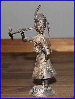 Antique hand made silver plated figurine Asian woman with folk costume and horn