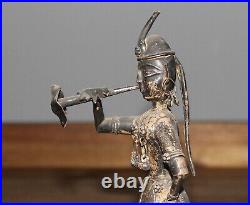 Antique hand made silver plated figurine Asian woman with folk costume and horn