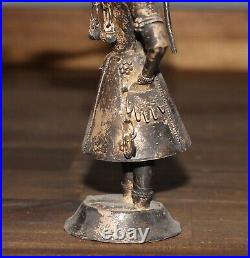 Antique hand made silver plated figurine Asian woman with folk costume and horn