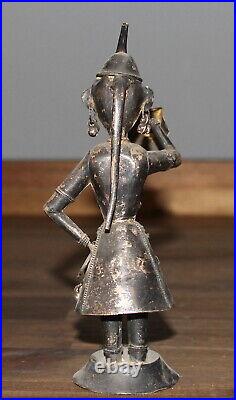 Antique hand made silver plated figurine Asian woman with folk costume and horn