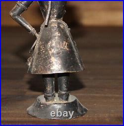 Antique hand made silver plated figurine Asian woman with folk costume and horn