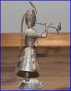 Antique hand made silver plated figurine Asian woman with folk costume and horn