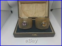 Antique horn napkin rings with solid silver shield & gem stones boxed