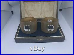 Antique horn napkin rings with solid silver shield & gem stones boxed