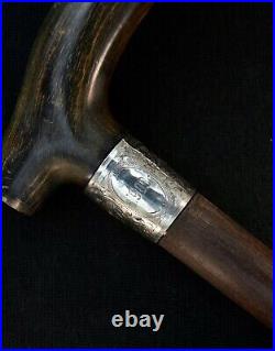 Antique walking stick with horn handle and silver collar 1908 Birmingham