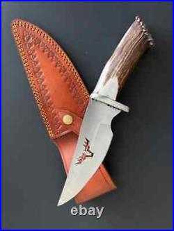 Antler Hunting Knife with Horn Handle & Premium Cowhide Leather Sheath