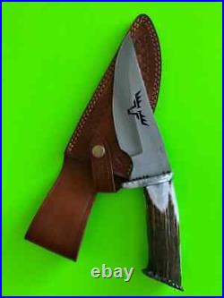 Antler Hunting Knife with Horn Handle & Premium Cowhide Leather Sheath