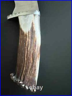 Antler Hunting Knife with Horn Handle & Premium Cowhide Leather Sheath