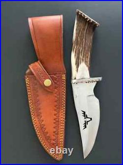 Antler Hunting Knife with Horn Handle & Premium Cowhide Leather Sheath