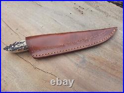 Antler horn beautifull handmade custom fixed blade knife with leather sheath