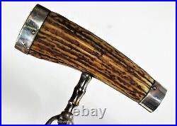 Antque Vintage Deer Horn Corkscrew With Intricate Sterling Silver Caps Wine Bott
