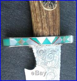 Authentic Elk Eagle Head Carved Antler With Turquoise Guard Inlays Hunting Knife