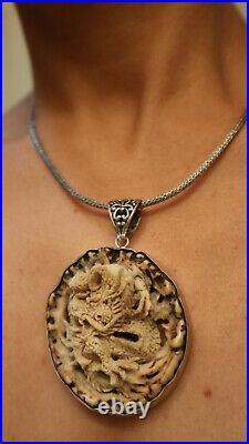 Bali Dragon Horn Handmade Carved Pendant with Naga Chain 925 Sterling Silver