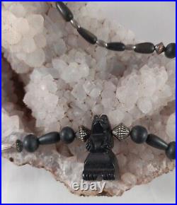 Beaded Black Horn And Sterling Silver Necklace With Vintage Black Bear Fetish