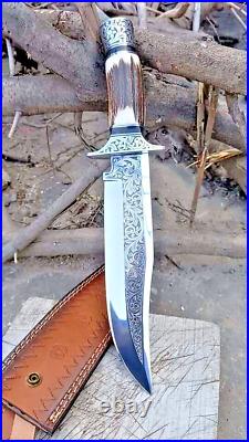 Beautiful Custom Hand Made Domascus Sateel Hunting Knife With Stage Horn Handle