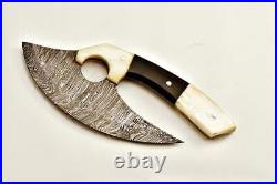 Beautiful Handmade Damascus steel Ulu knife with bone and buffalo horn
