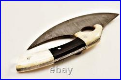 Beautiful Handmade Damascus steel Ulu knife with bone and buffalo horn
